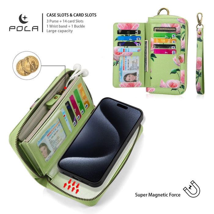 For Iphone 15 Pola Magsafe Flower Multi-Functional Zipper Wallet Leather Phone Case