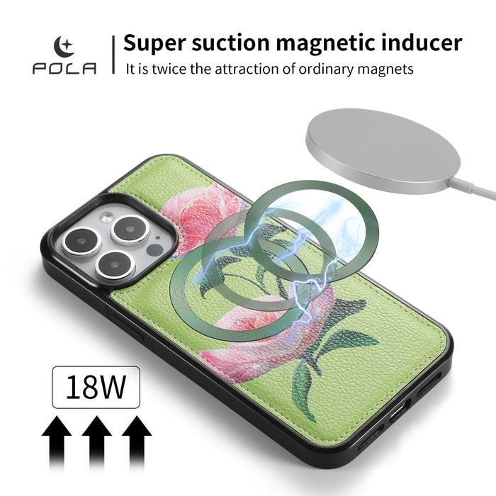 For Iphone 15 Pola Magsafe Flower Multi-Functional Zipper Wallet Leather Phone Case