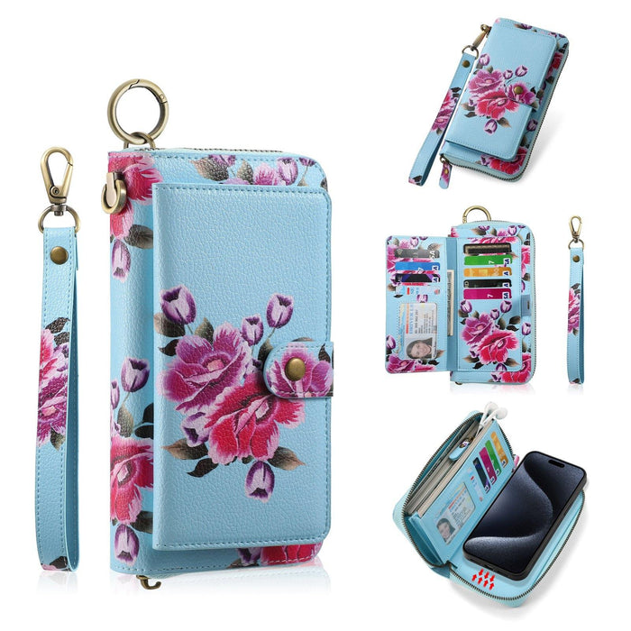 For Iphone 15 Pola Magsafe Flower Multi-Functional Zipper Wallet Leather Phone Case