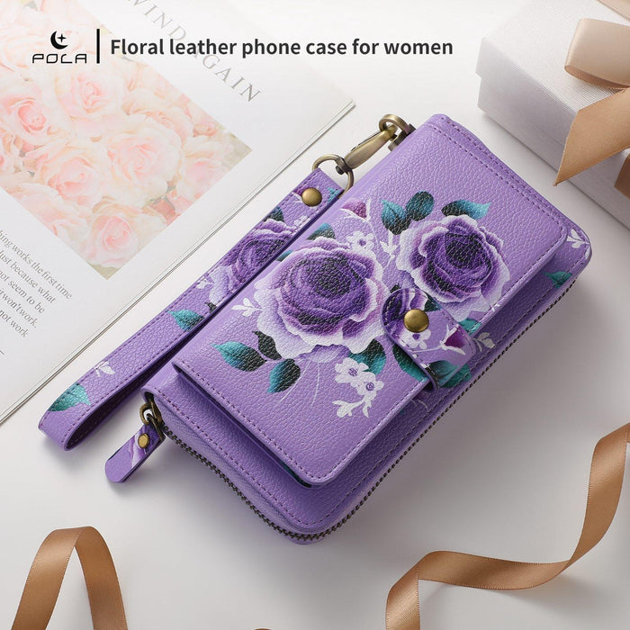 For Iphone 15 Pola Magsafe Flower Multi-Functional Zipper Wallet Leather Phone Case