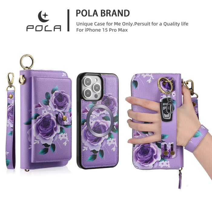 For Iphone 15 Pola Magsafe Flower Multi-Functional Zipper Wallet Leather Phone Case