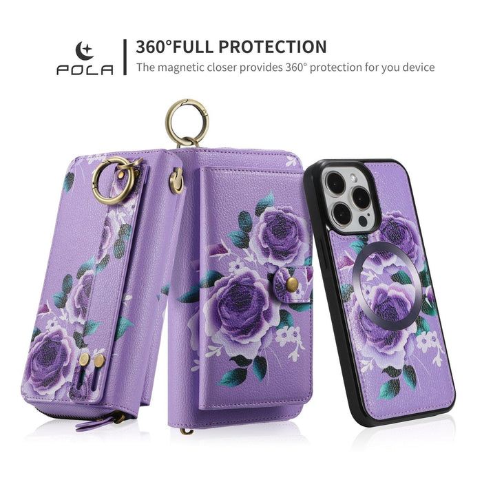 For Iphone 15 Pola Magsafe Flower Multi-Functional Zipper Wallet Leather Phone Case