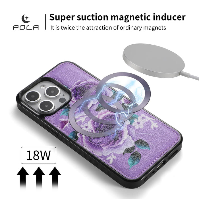 For Iphone 15 Pola Magsafe Flower Multi-Functional Zipper Wallet Leather Phone Case