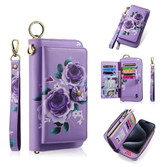 For Iphone 15 Pola Magsafe Flower Multi-Functional Zipper Wallet Leather Phone Case