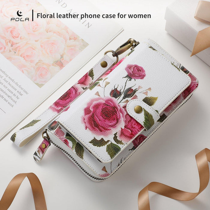 For Iphone 15 Pola Magsafe Flower Multi-Functional Zipper Wallet Leather Phone Case