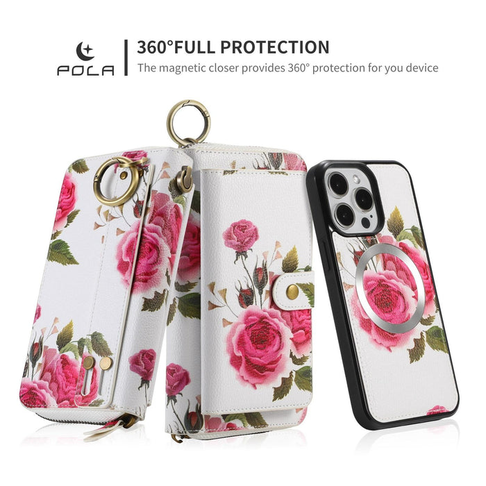 For Iphone 15 Pola Magsafe Flower Multi-Functional Zipper Wallet Leather Phone Case