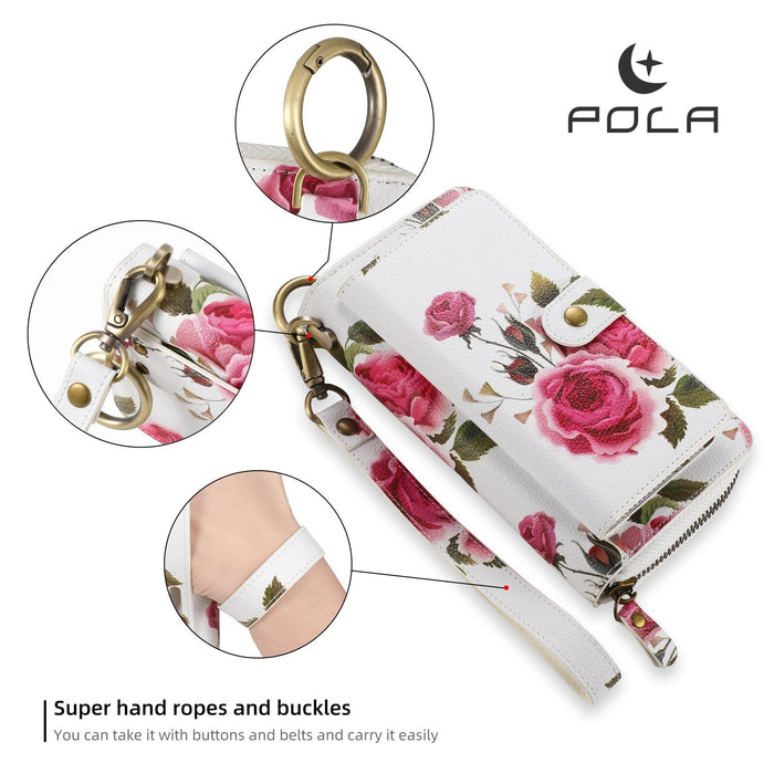 For Iphone 15 Pola Magsafe Flower Multi-Functional Zipper Wallet Leather Phone Case