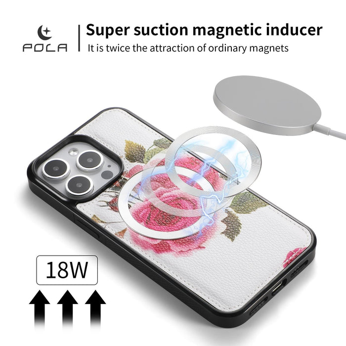 For Iphone 15 Pola Magsafe Flower Multi-Functional Zipper Wallet Leather Phone Case