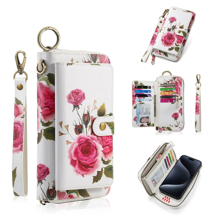 For Iphone 15 Pola Magsafe Flower Multi-Functional Zipper Wallet Leather Phone Case