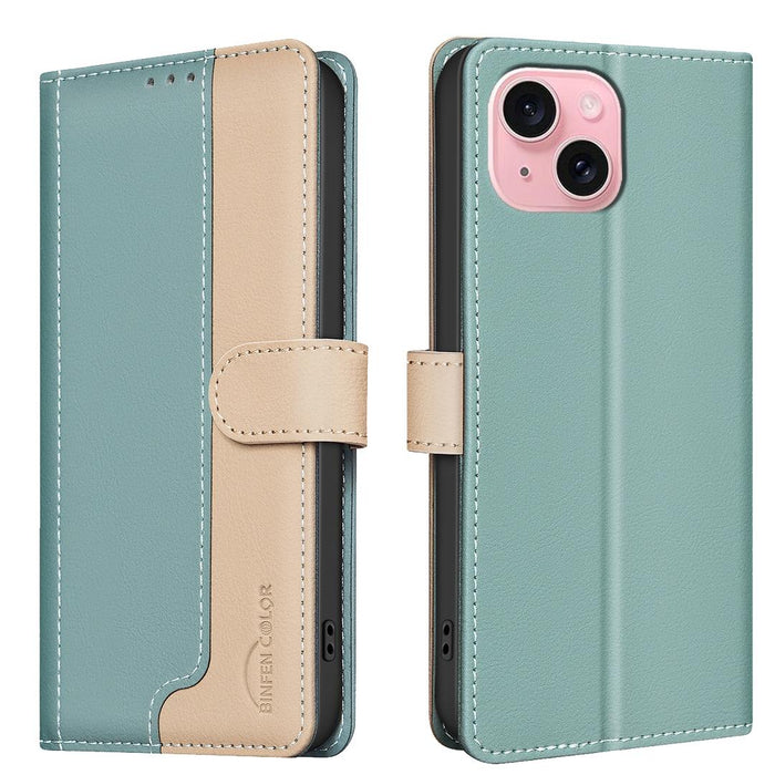 For Iphone 15 Colour Matching Rfid Anti-Theft Leather Phone Case