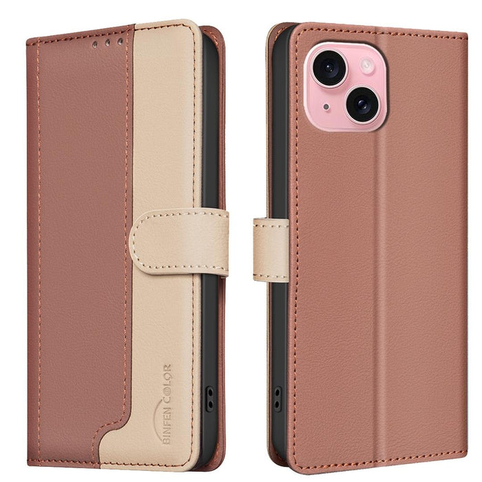 For Iphone 15 Colour Matching Rfid Anti-Theft Leather Phone Case