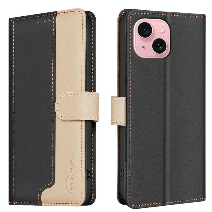 For Iphone 15 Colour Matching Rfid Anti-Theft Leather Phone Case