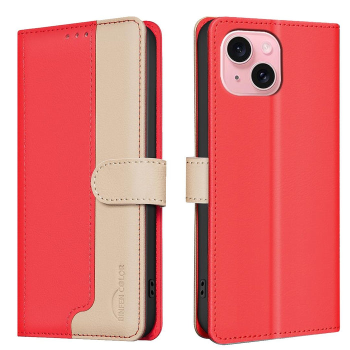 For Iphone 15 Colour Matching Rfid Anti-Theft Leather Phone Case