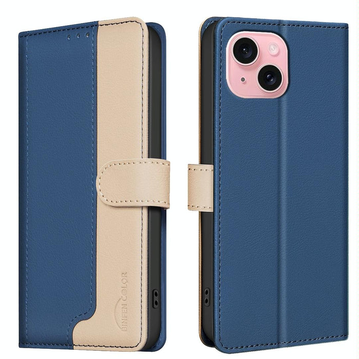 For Iphone 15 Colour Matching Rfid Anti-Theft Leather Phone Case