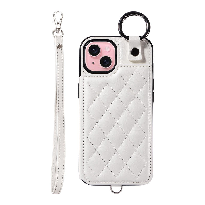 For Iphone 15 Rhombic Texture Card Bag Phone Case With Short Lanyard