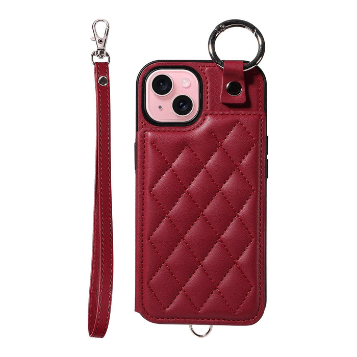 For Iphone 15 Rhombic Texture Card Bag Phone Case With Short Lanyard