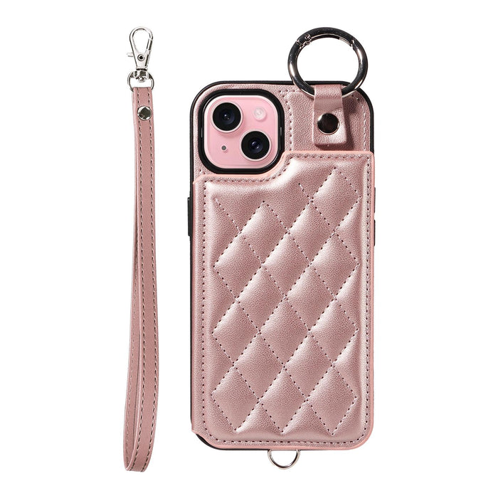 For Iphone 15 Rhombic Texture Card Bag Phone Case With Short Lanyard