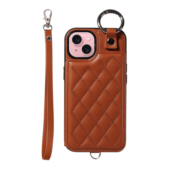 For Iphone 15 Rhombic Texture Card Bag Phone Case With Short Lanyard