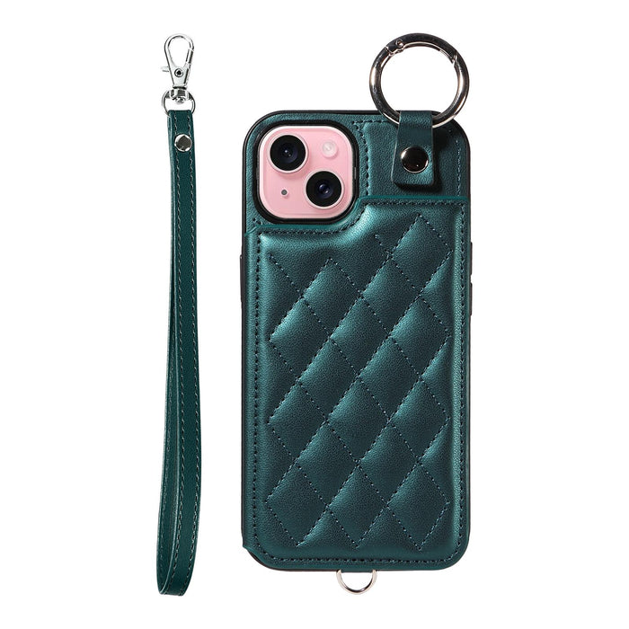 For Iphone 15 Rhombic Texture Card Bag Phone Case With Short Lanyard