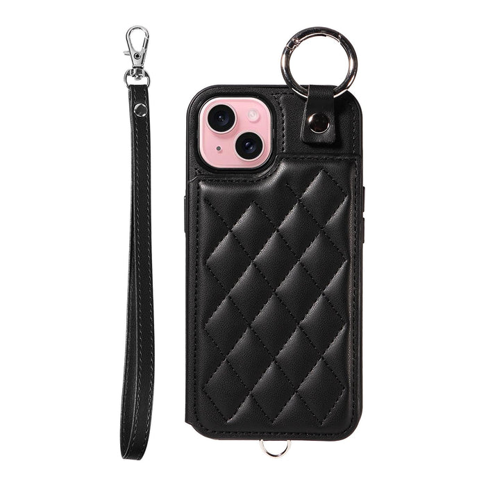 For Iphone 15 Rhombic Texture Card Bag Phone Case With Short Lanyard