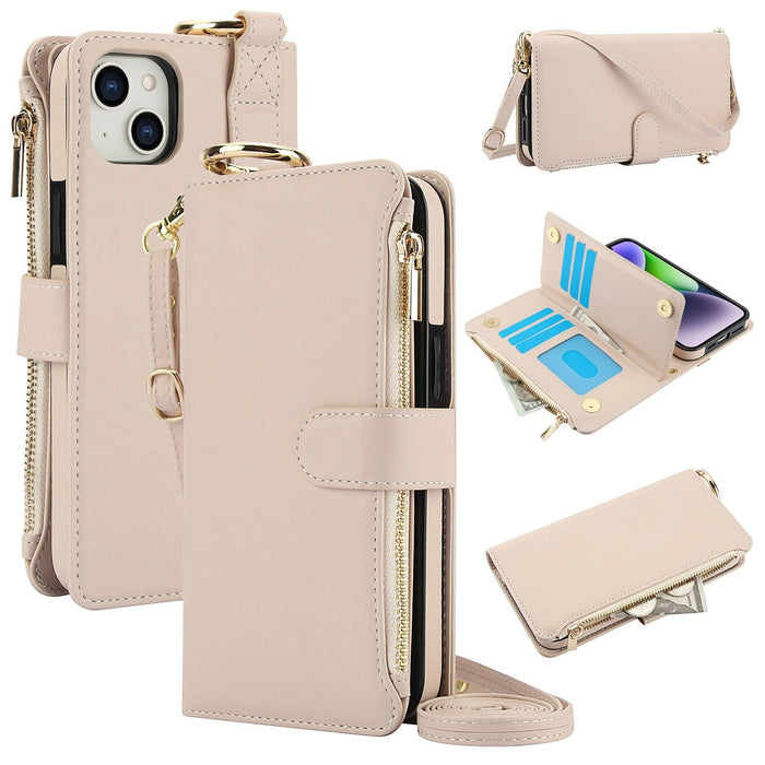 For Iphone 15 Crossbody Ring Multifunctional Wallet Leather Phone Case
