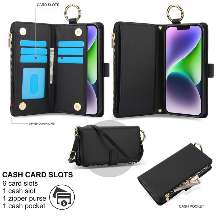 For Iphone 15 Crossbody Ring Multifunctional Wallet Leather Phone Case