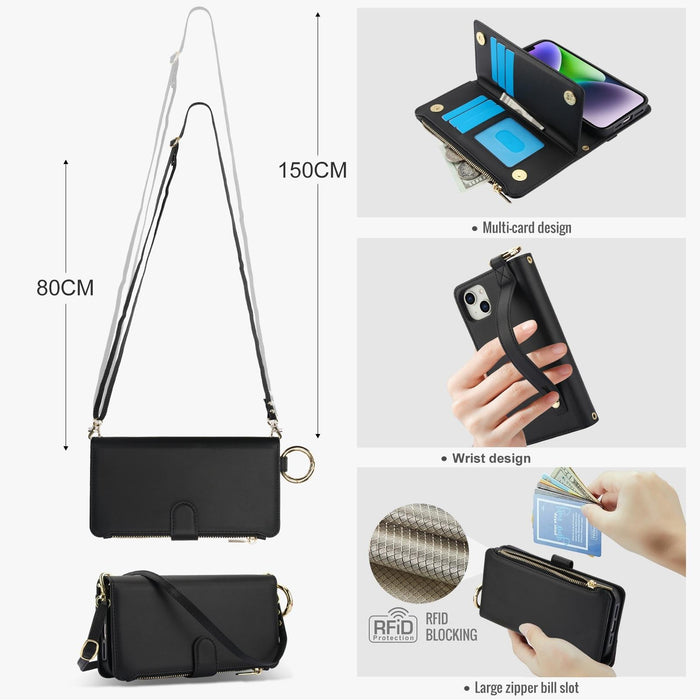For Iphone 15 Crossbody Ring Multifunctional Wallet Leather Phone Case