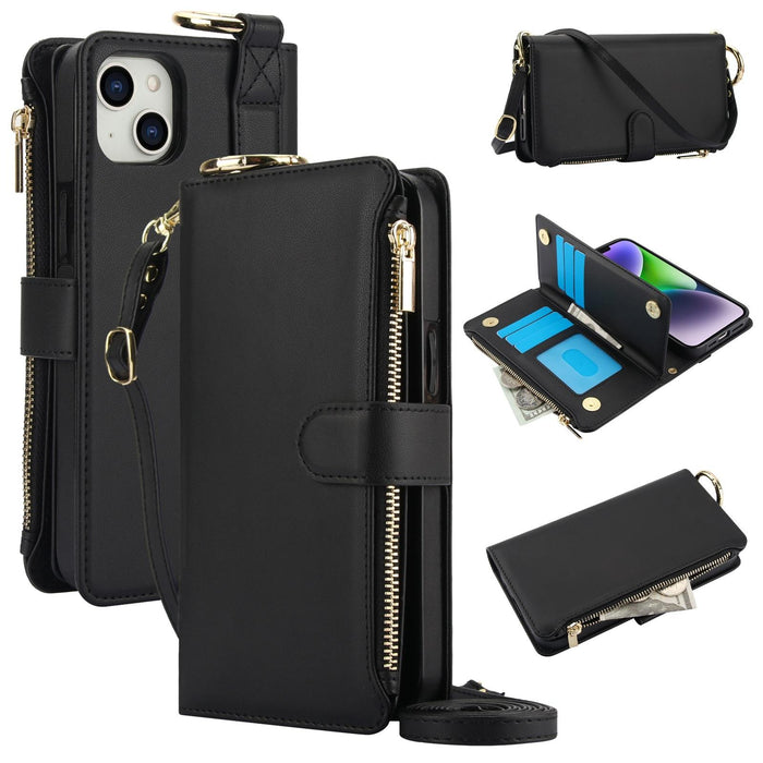 For Iphone 15 Crossbody Ring Multifunctional Wallet Leather Phone Case