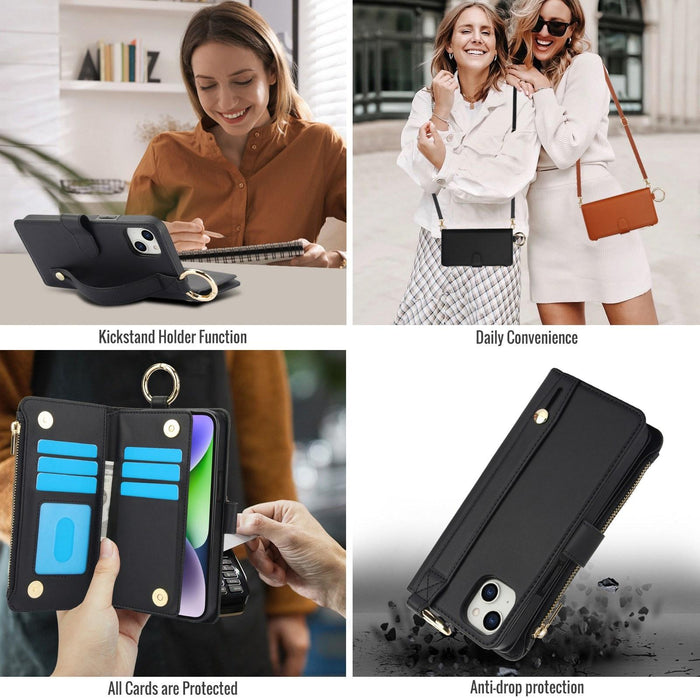 For Iphone 15 Crossbody Ring Multifunctional Wallet Leather Phone Case