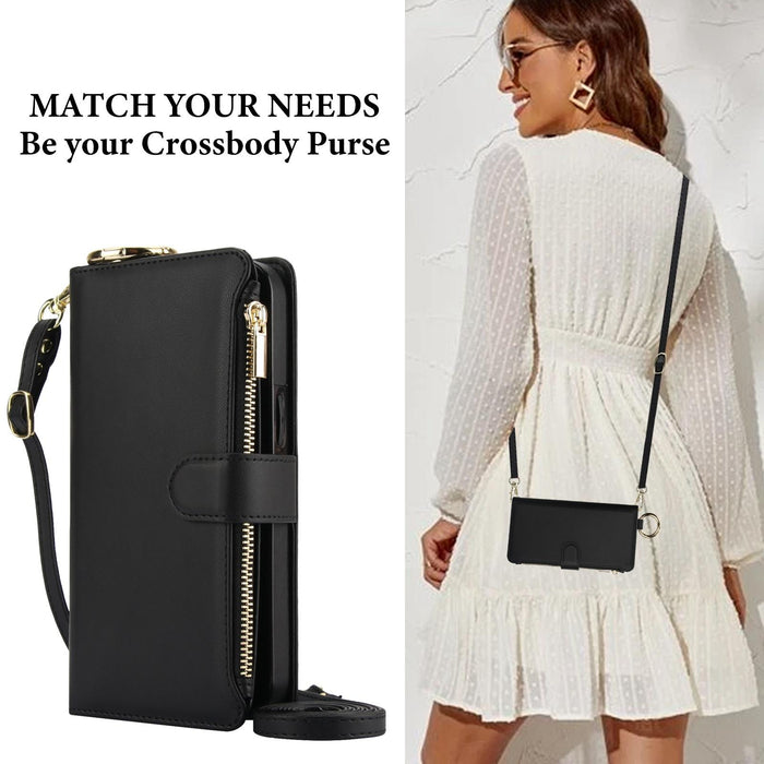 For Iphone 15 Crossbody Ring Multifunctional Wallet Leather Phone Case