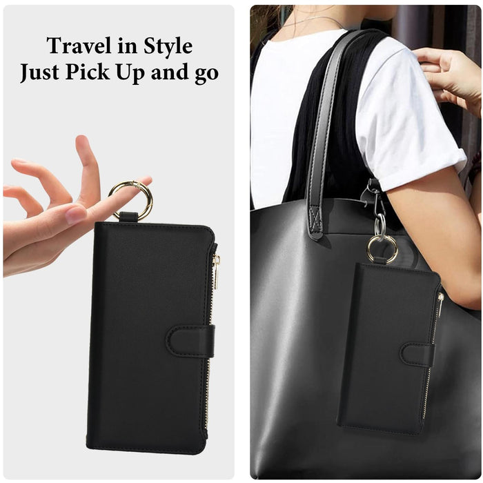 For Iphone 15 Crossbody Ring Multifunctional Wallet Leather Phone Case