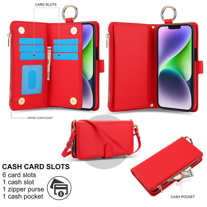 For Iphone 15 Crossbody Ring Multifunctional Wallet Leather Phone Case