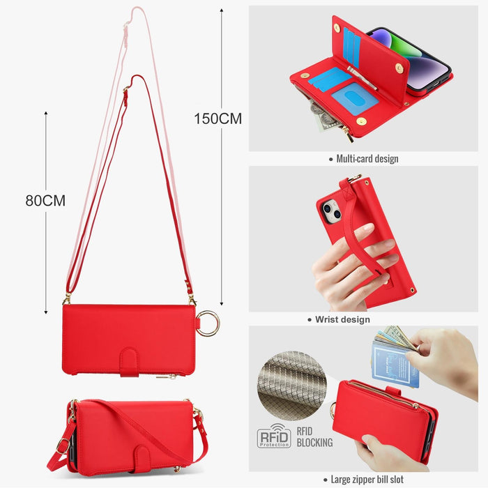 For Iphone 15 Crossbody Ring Multifunctional Wallet Leather Phone Case