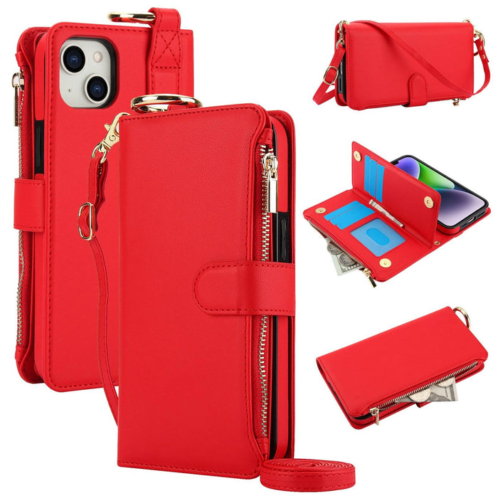 For Iphone 15 Crossbody Ring Multifunctional Wallet Leather Phone Case