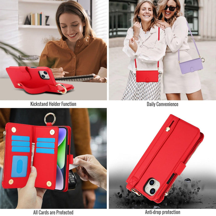 For Iphone 15 Crossbody Ring Multifunctional Wallet Leather Phone Case