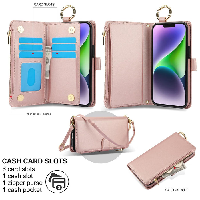 For Iphone 15 Crossbody Ring Multifunctional Wallet Leather Phone Case