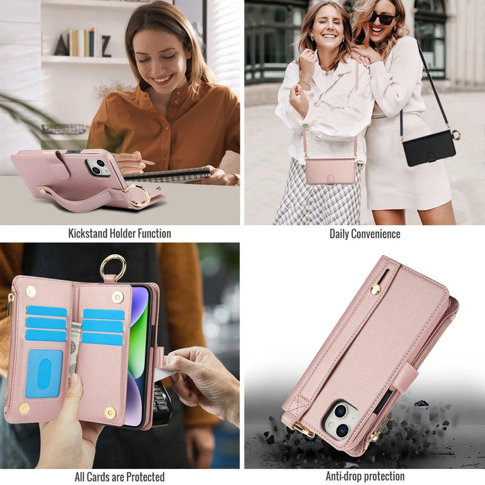 For Iphone 15 Crossbody Ring Multifunctional Wallet Leather Phone Case