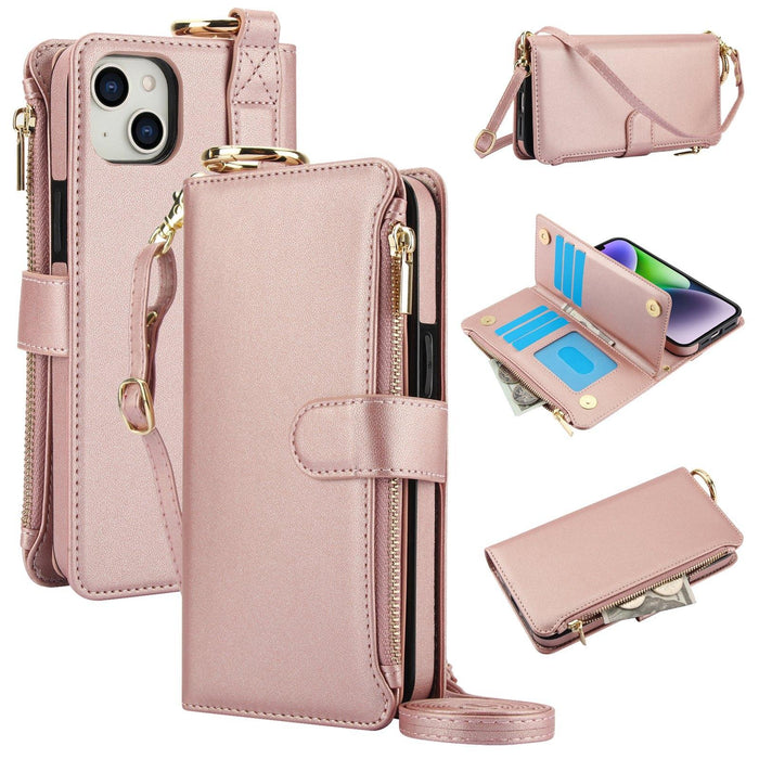 For Iphone 15 Crossbody Ring Multifunctional Wallet Leather Phone Case