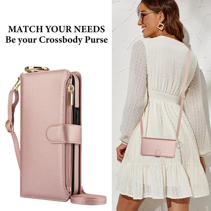 For Iphone 15 Crossbody Ring Multifunctional Wallet Leather Phone Case