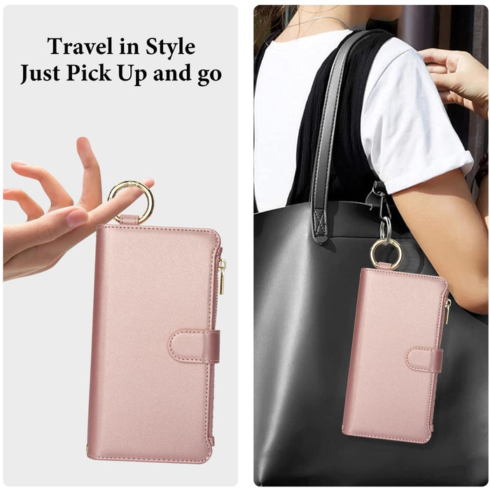 For Iphone 15 Crossbody Ring Multifunctional Wallet Leather Phone Case