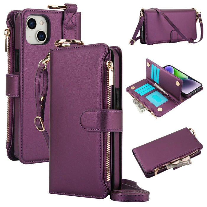 For Iphone 15 Crossbody Ring Multifunctional Wallet Leather Phone Case