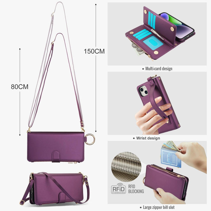 For Iphone 15 Crossbody Ring Multifunctional Wallet Leather Phone Case