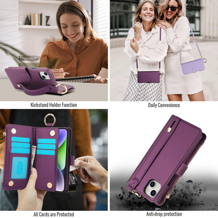 For Iphone 15 Crossbody Ring Multifunctional Wallet Leather Phone Case