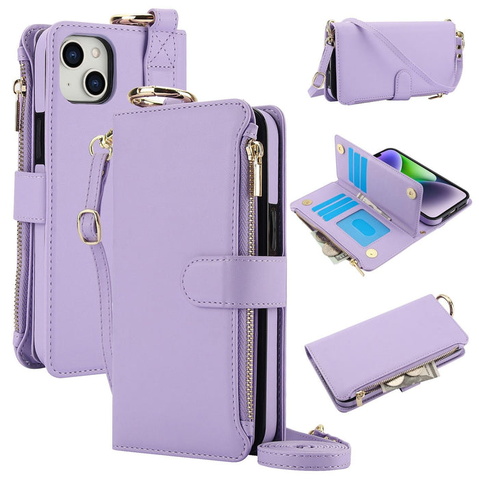 For Iphone 15 Crossbody Ring Multifunctional Wallet Leather Phone Case