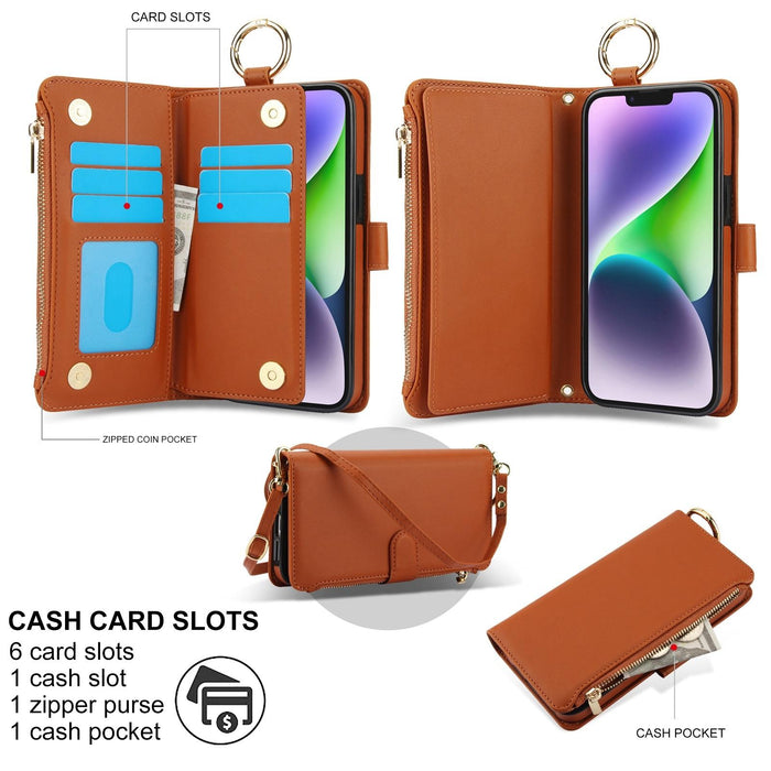 For Iphone 15 Crossbody Ring Multifunctional Wallet Leather Phone Case