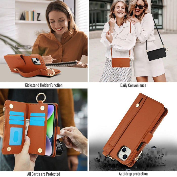 For Iphone 15 Crossbody Ring Multifunctional Wallet Leather Phone Case