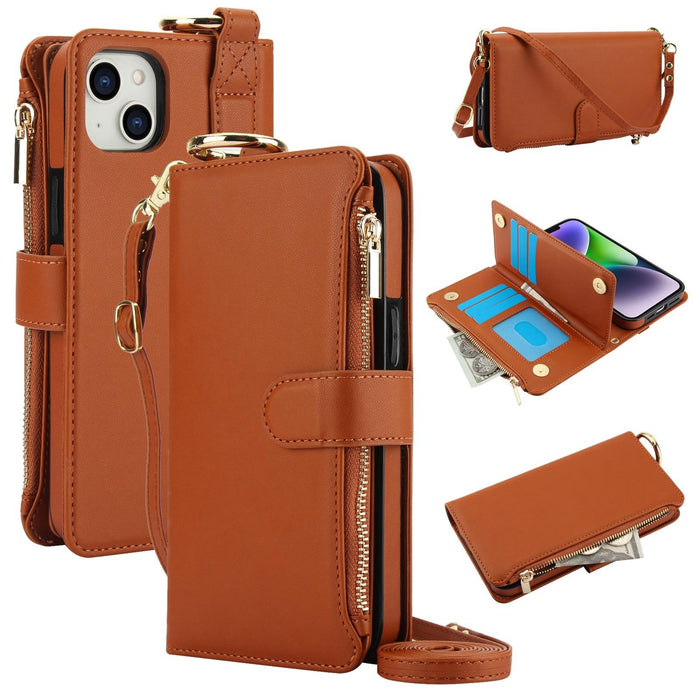 For Iphone 15 Crossbody Ring Multifunctional Wallet Leather Phone Case