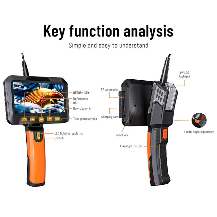 5 Inch Ips Colour Screen 5.5Mm Dual Camera Handheld Hard Cable Hd Industrial Endoscope Length 1M Orange Black
