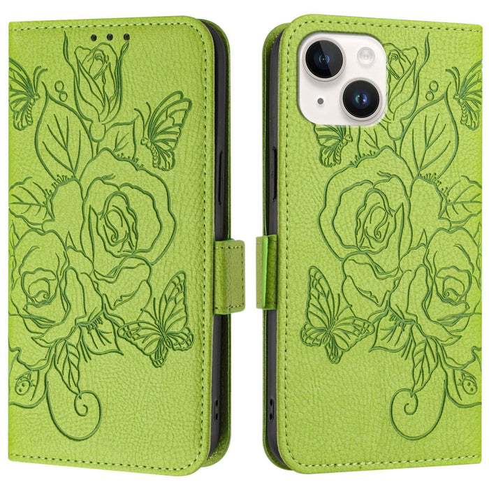 For Iphone 15 Embossed Rose Rfid Anti-Theft Leather Phone Case