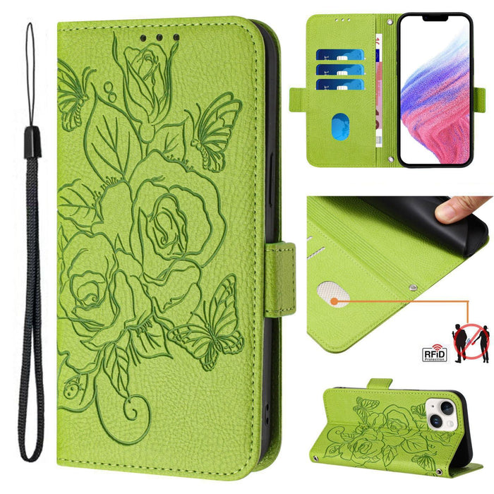 For Iphone 15 Embossed Rose Rfid Anti-Theft Leather Phone Case